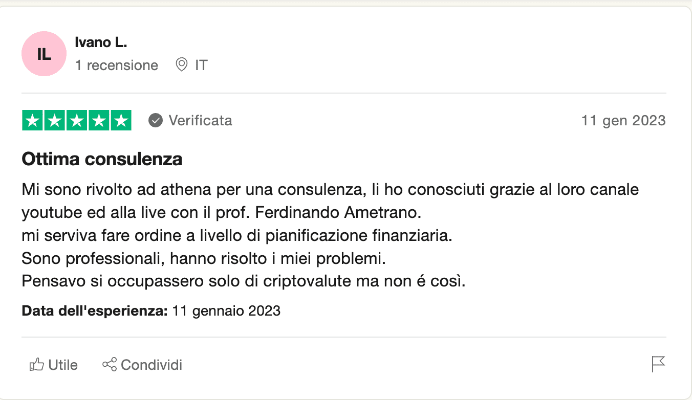 Recensione positiva su consulenza finanziaria indipendente Athena SCF.