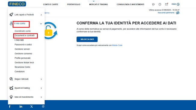 Schermata Fineco: menu laterale con opzione Il mio conto e Documenti e contratti per scaricare il rendiconto costi