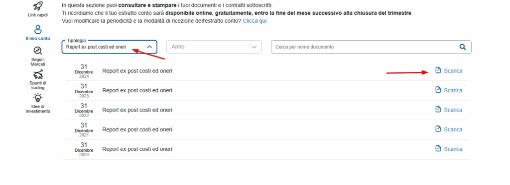Schermata Fineco: sezione Documenti online con lista Report ex post costi e oneri e opzione Scarica PDF