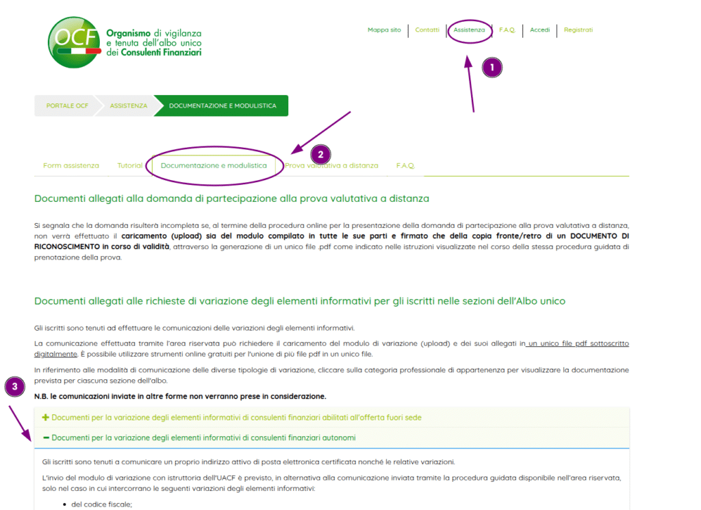 Screenshot portale OCF sezione documentazione e modulistica per variazione dati consulenti.