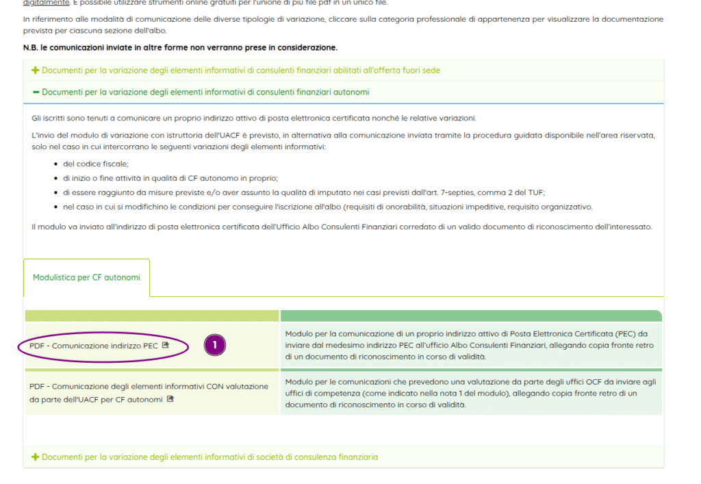 Screenshot portale OCF sezione documentazione e modulistica per variazione dati consulenti.