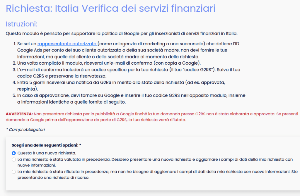 g2risk google ads servizi finanziari