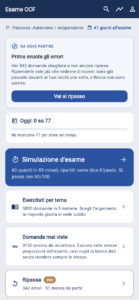 Schermata iniziale dell’app Esame OCF con il consiglio su cosa studiare